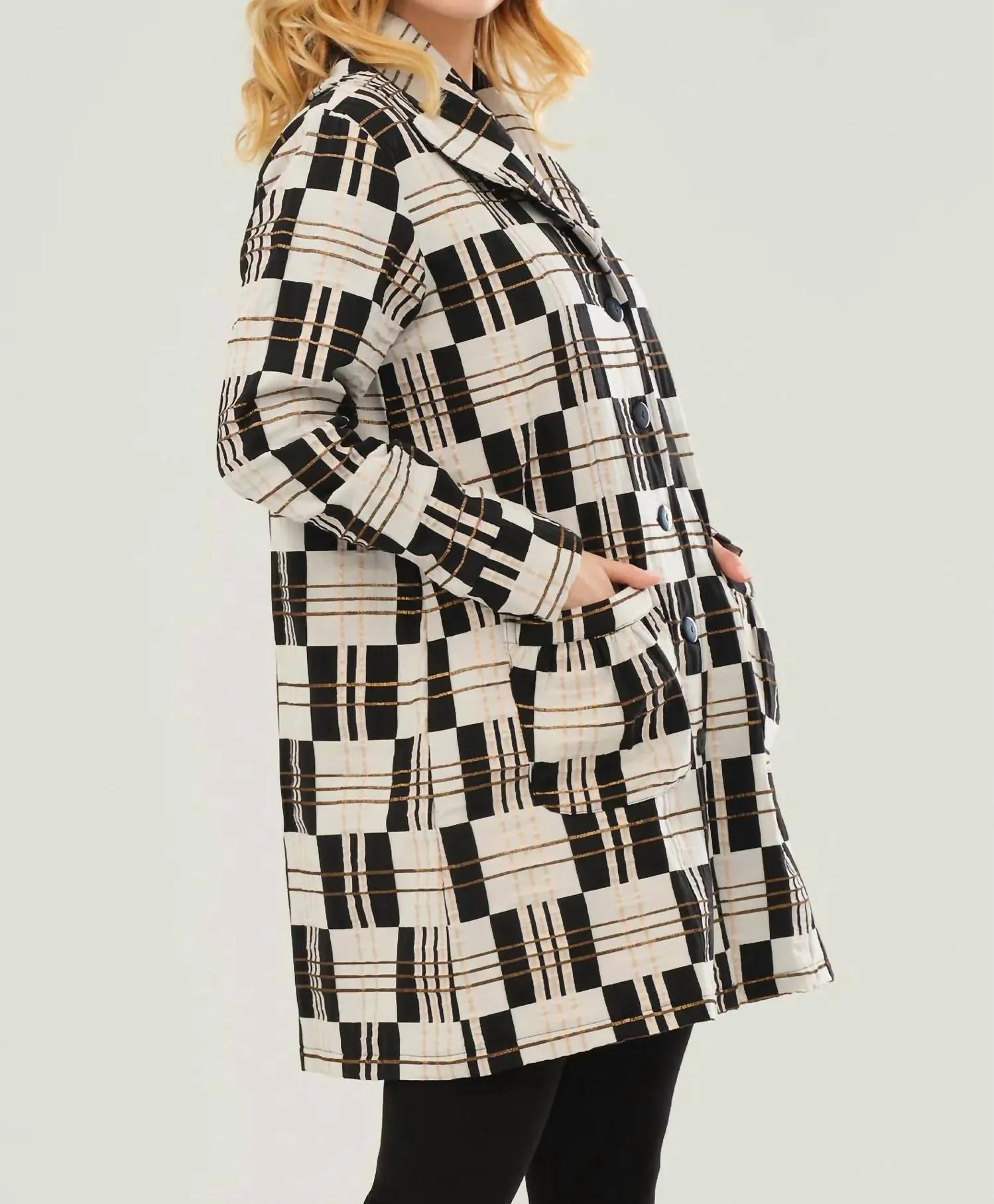 Plaid Long Jacket In Black White Gold Plaid