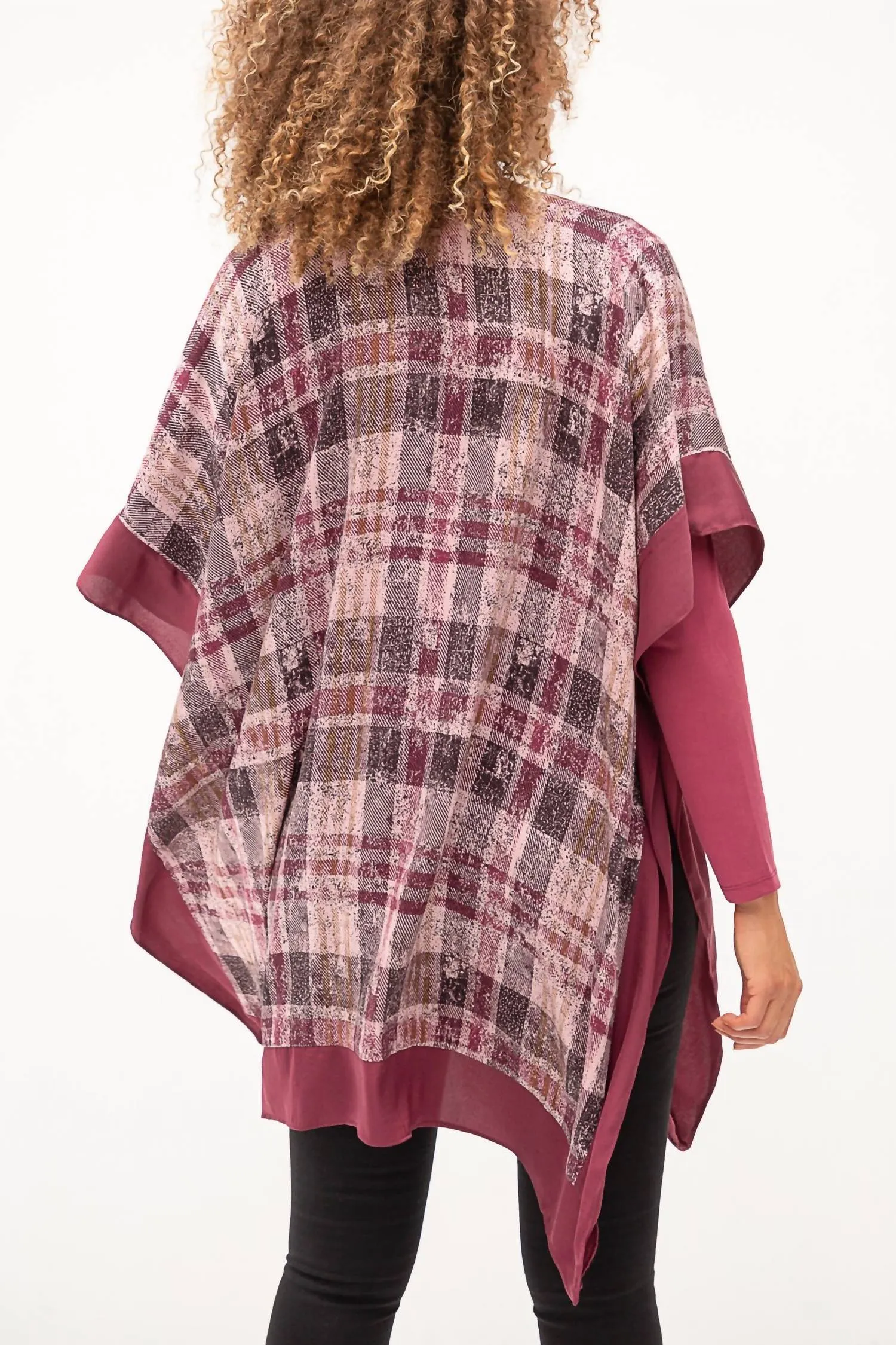 Plaid Open Ruana Poncho In Mauve Mix