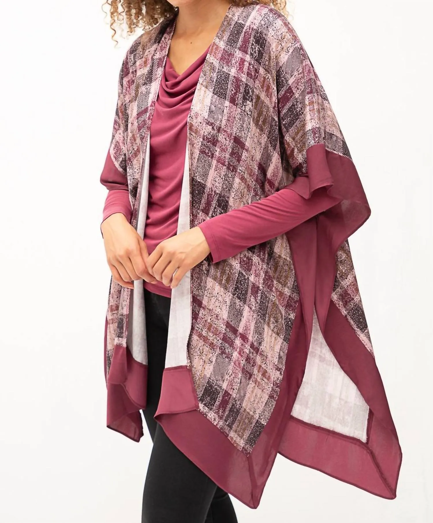 Plaid Open Ruana Poncho In Mauve Mix