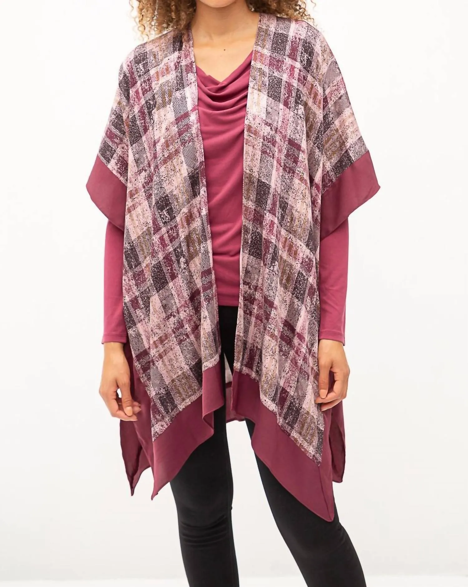 Plaid Open Ruana Poncho In Mauve Mix