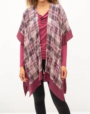 Plaid Open Ruana Poncho In Mauve Mix