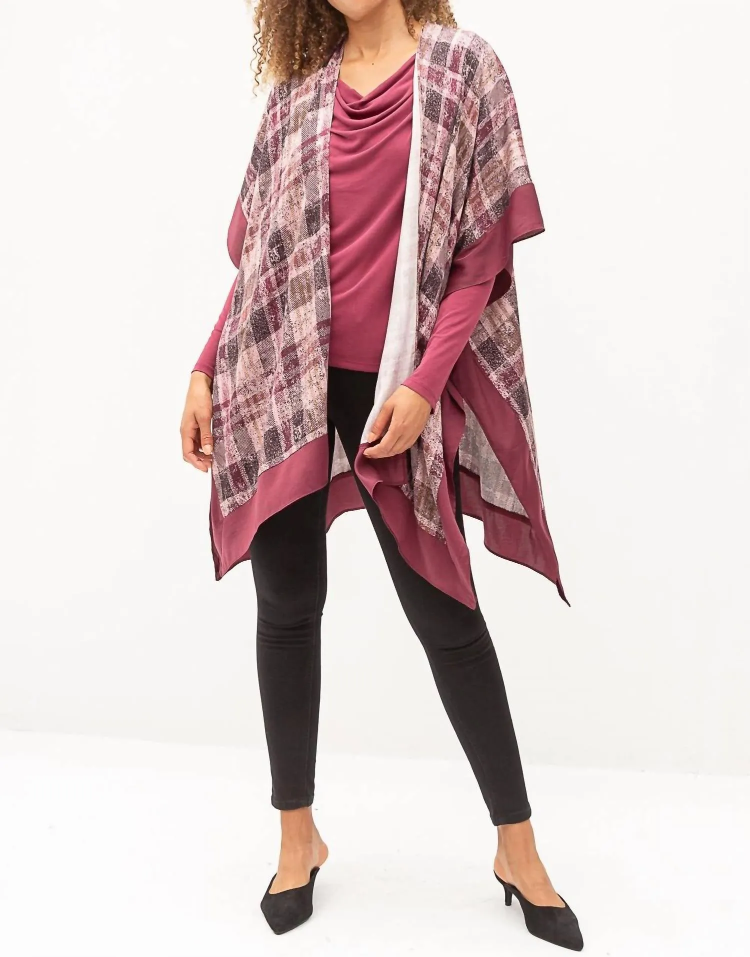 Plaid Open Ruana Poncho In Mauve Mix