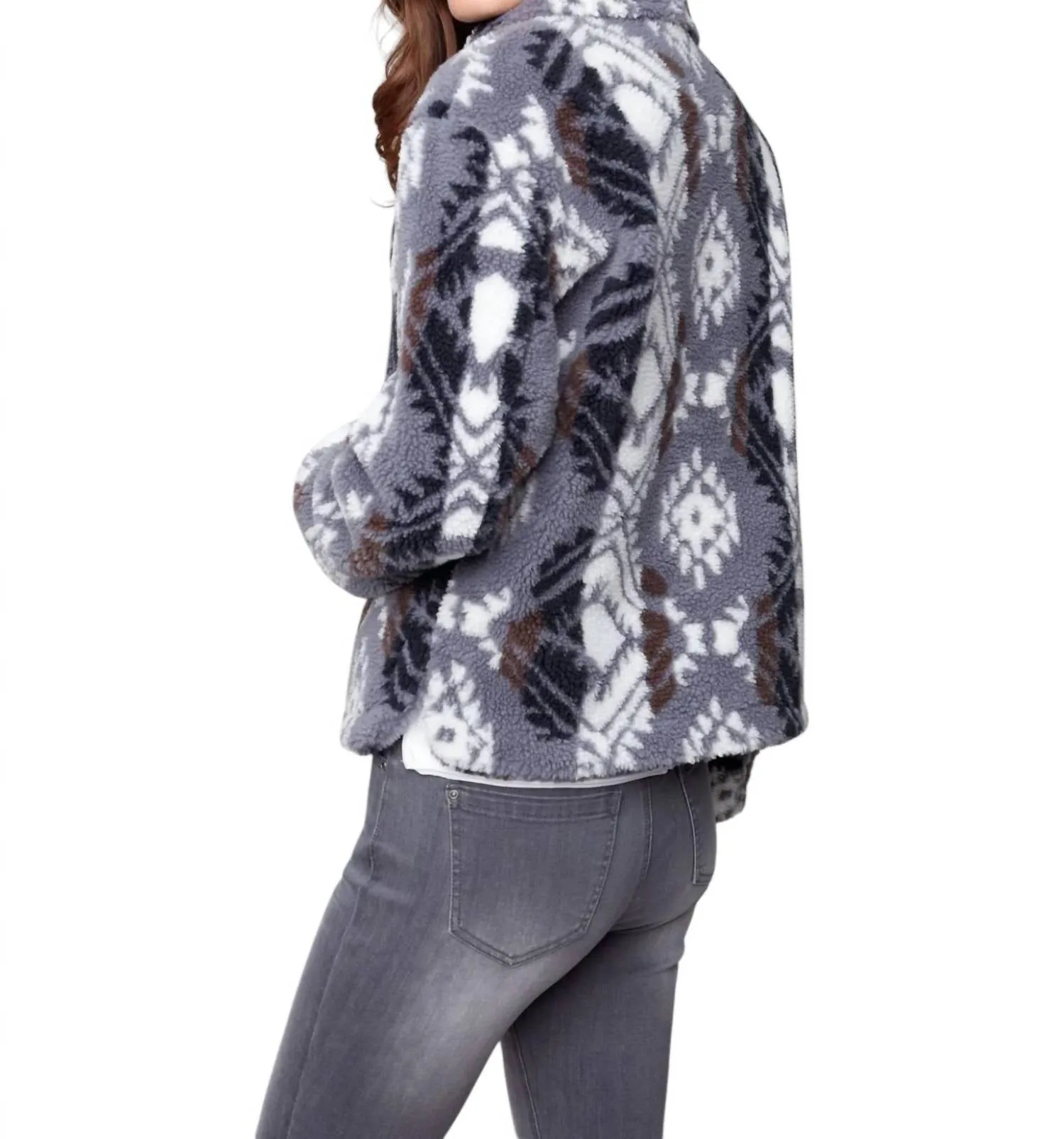 Printed Sherpa Short Jacket In Charcoal
