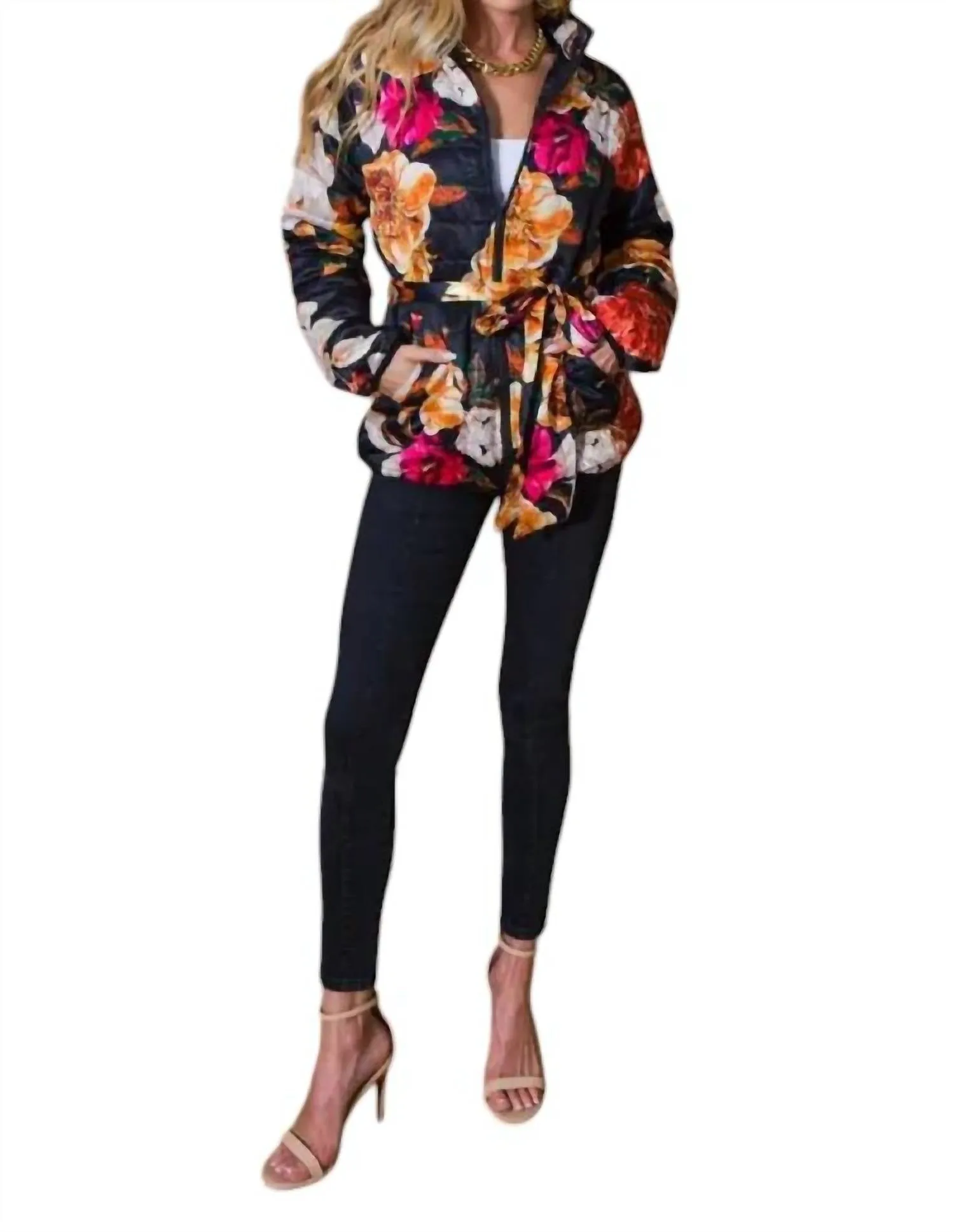 Puff Flowered Jacket In Black/multi