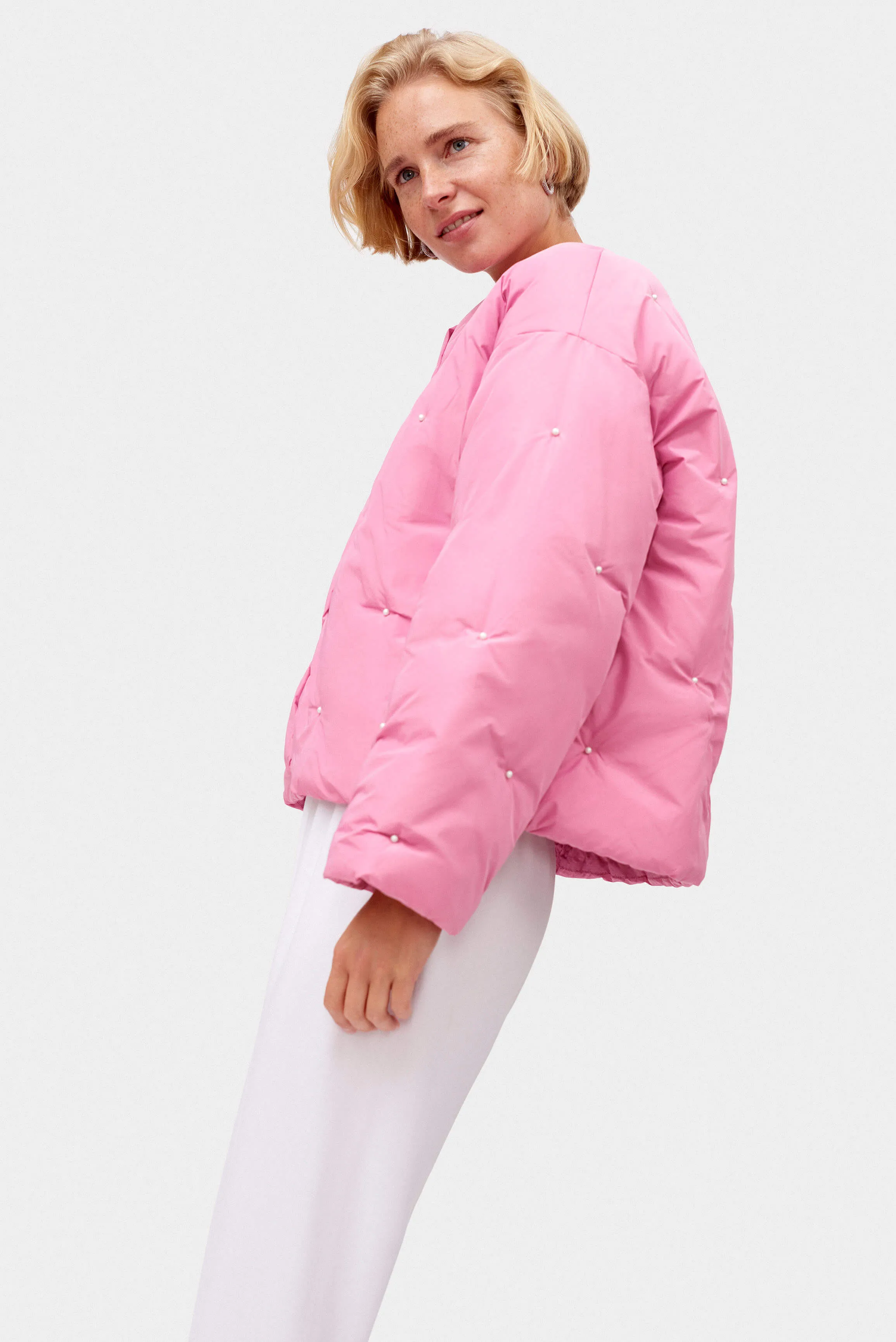 Puffer Jacket in Pink with Pearl details