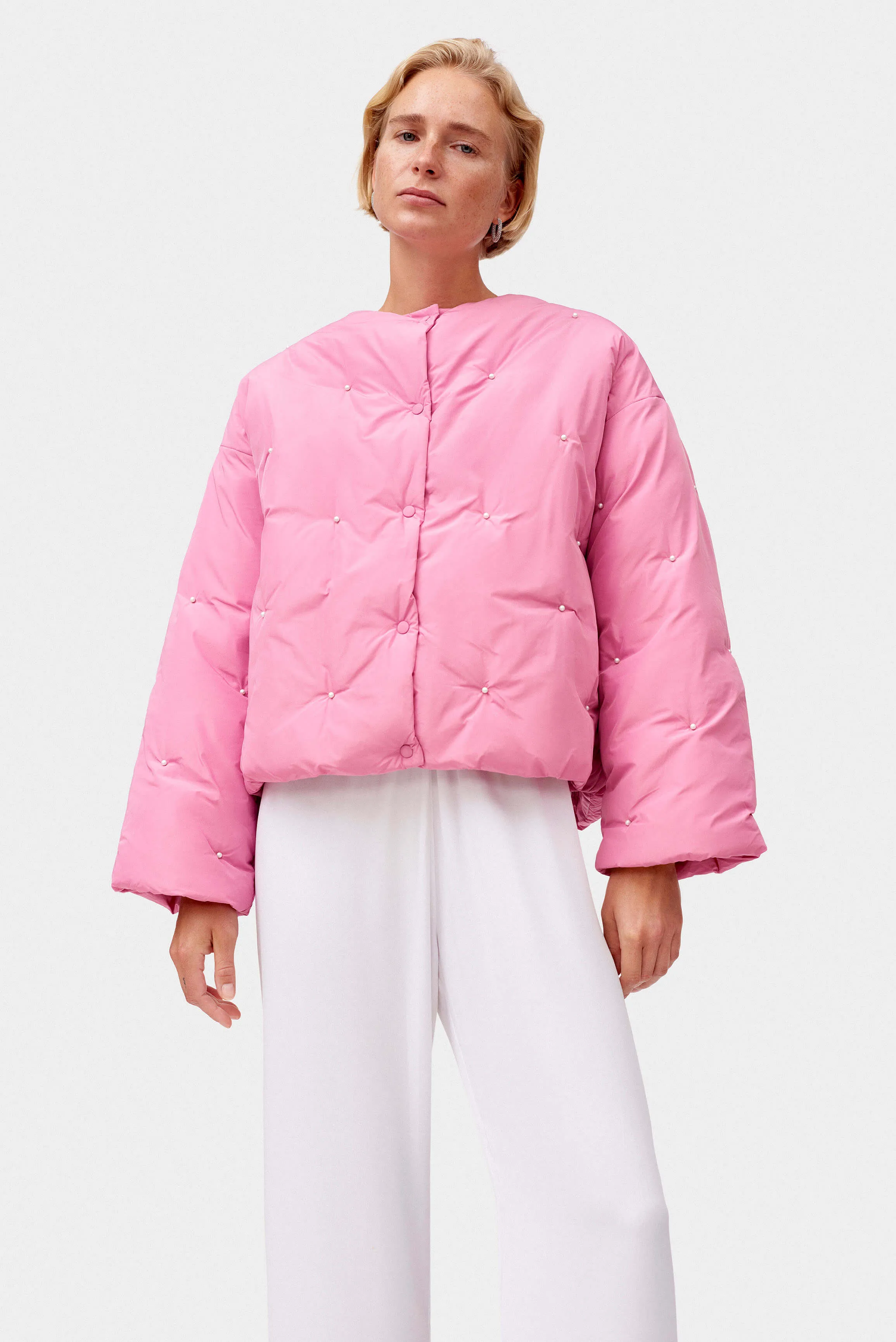 Puffer Jacket in Pink with Pearl details