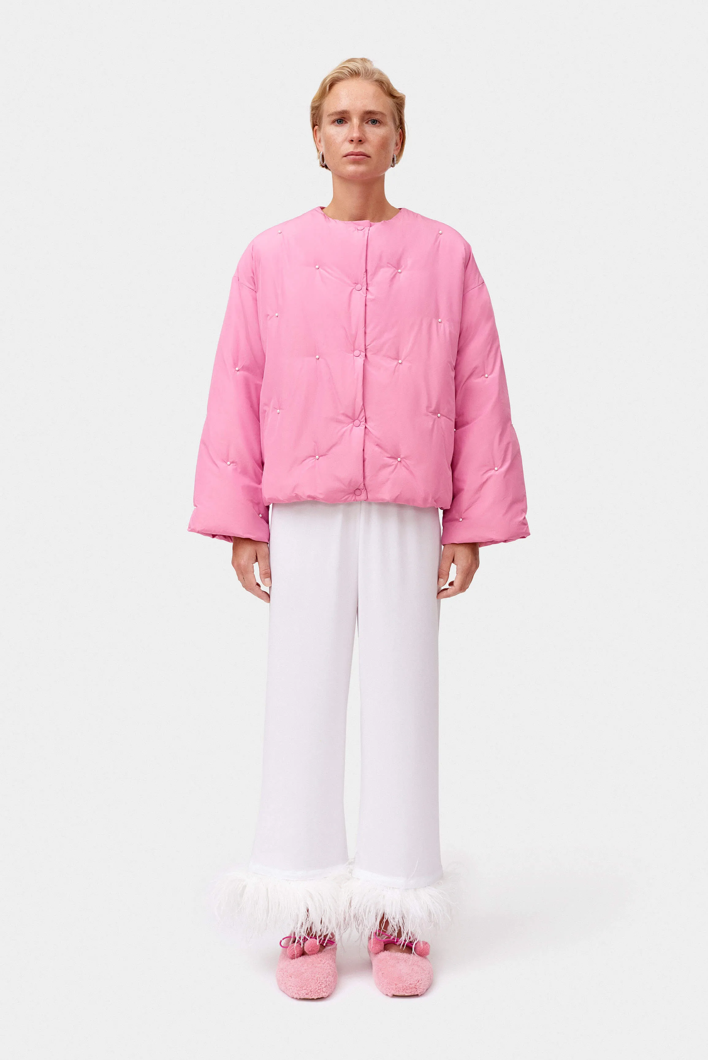 Puffer Jacket in Pink with Pearl details
