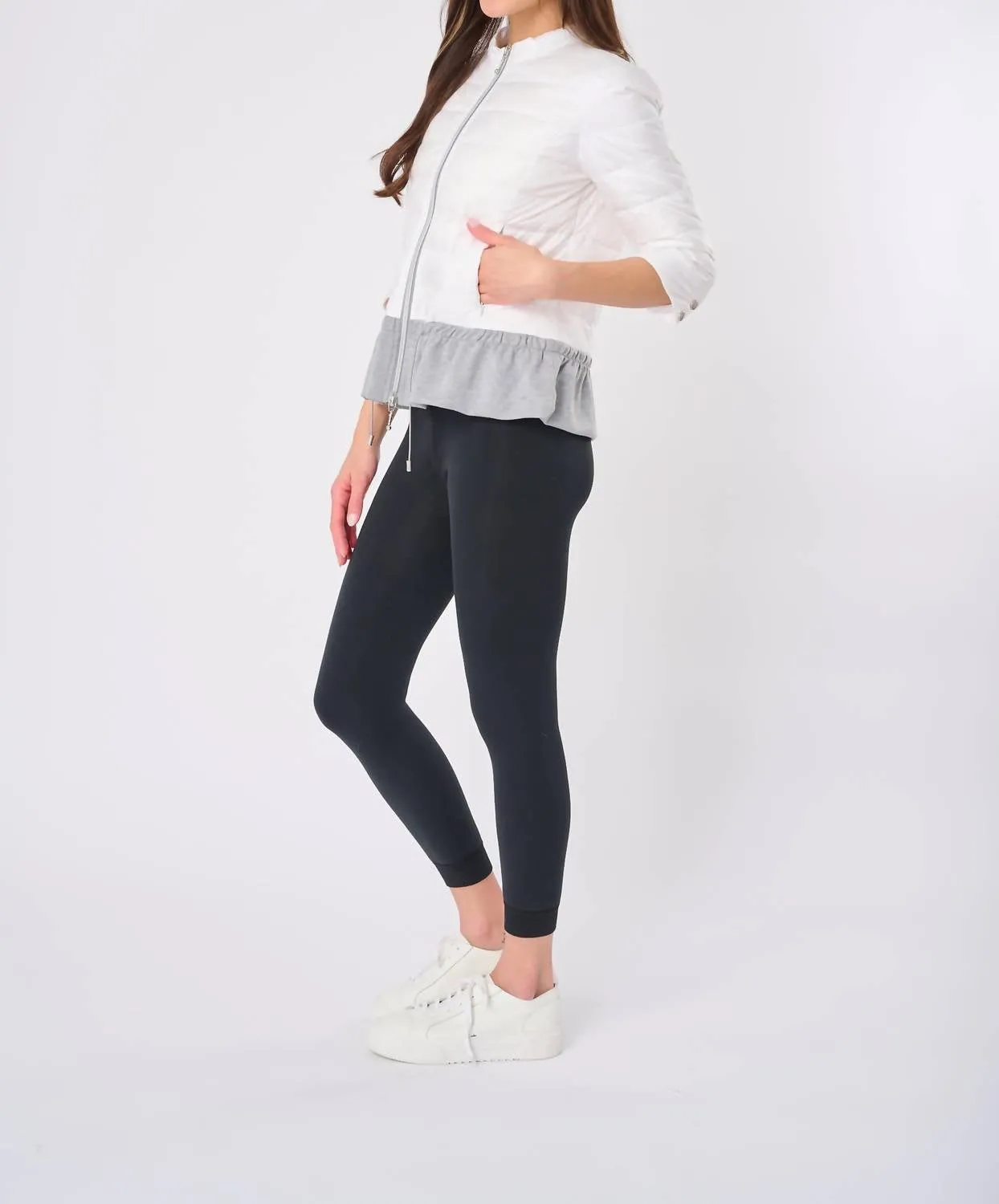 Quilted Knit Peplum Puffer Jacket In White