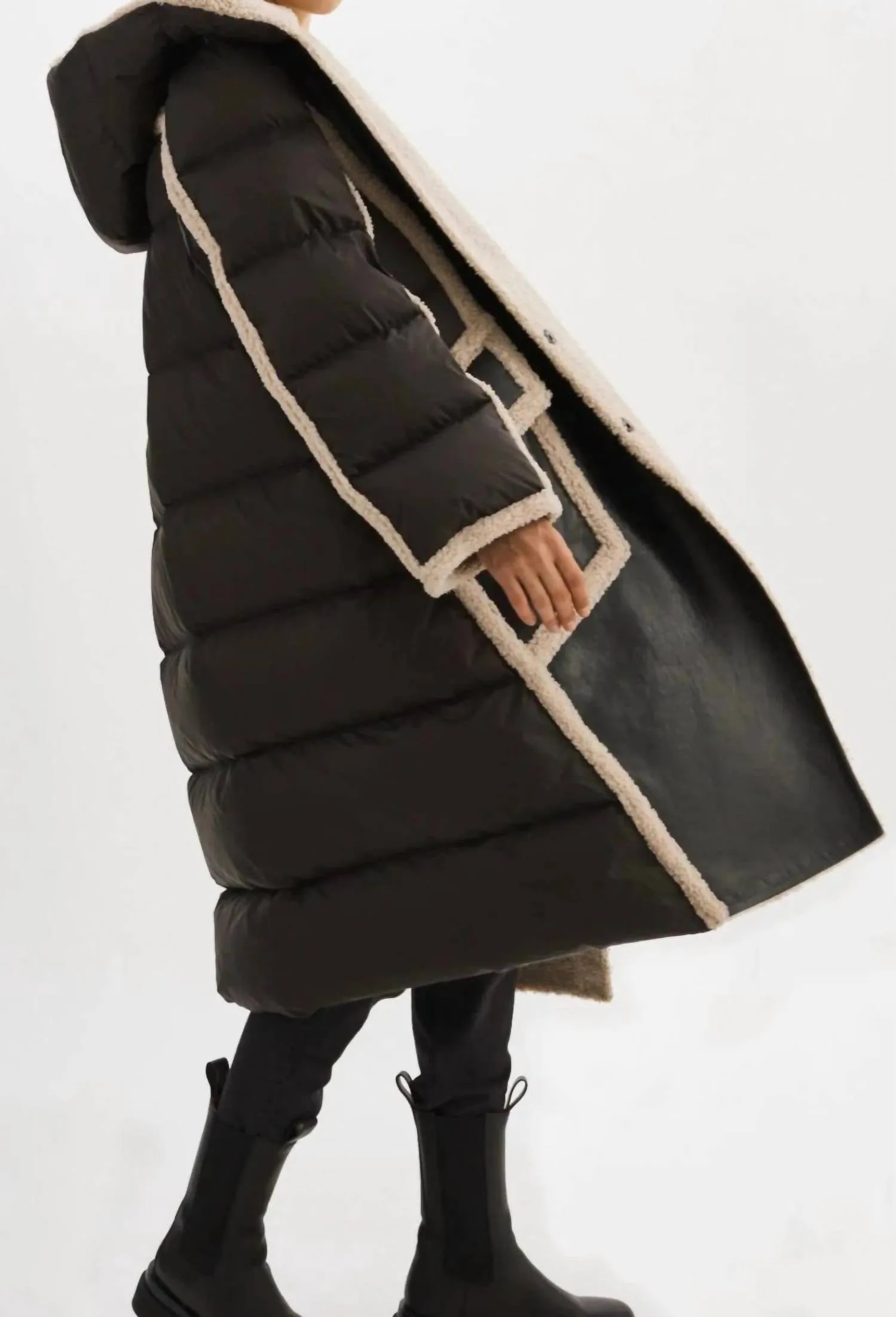 Rexana Mixed Media Leather Puffer Coat In Black/ecru