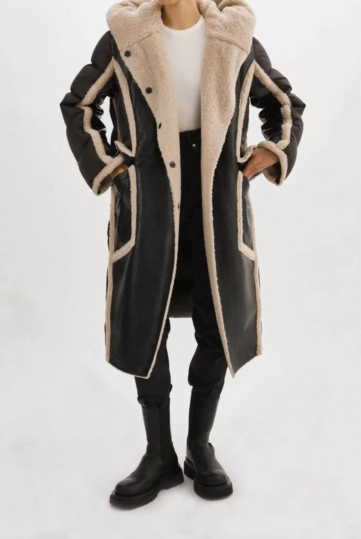 Rexana Mixed Media Leather Puffer Coat In Black/ecru