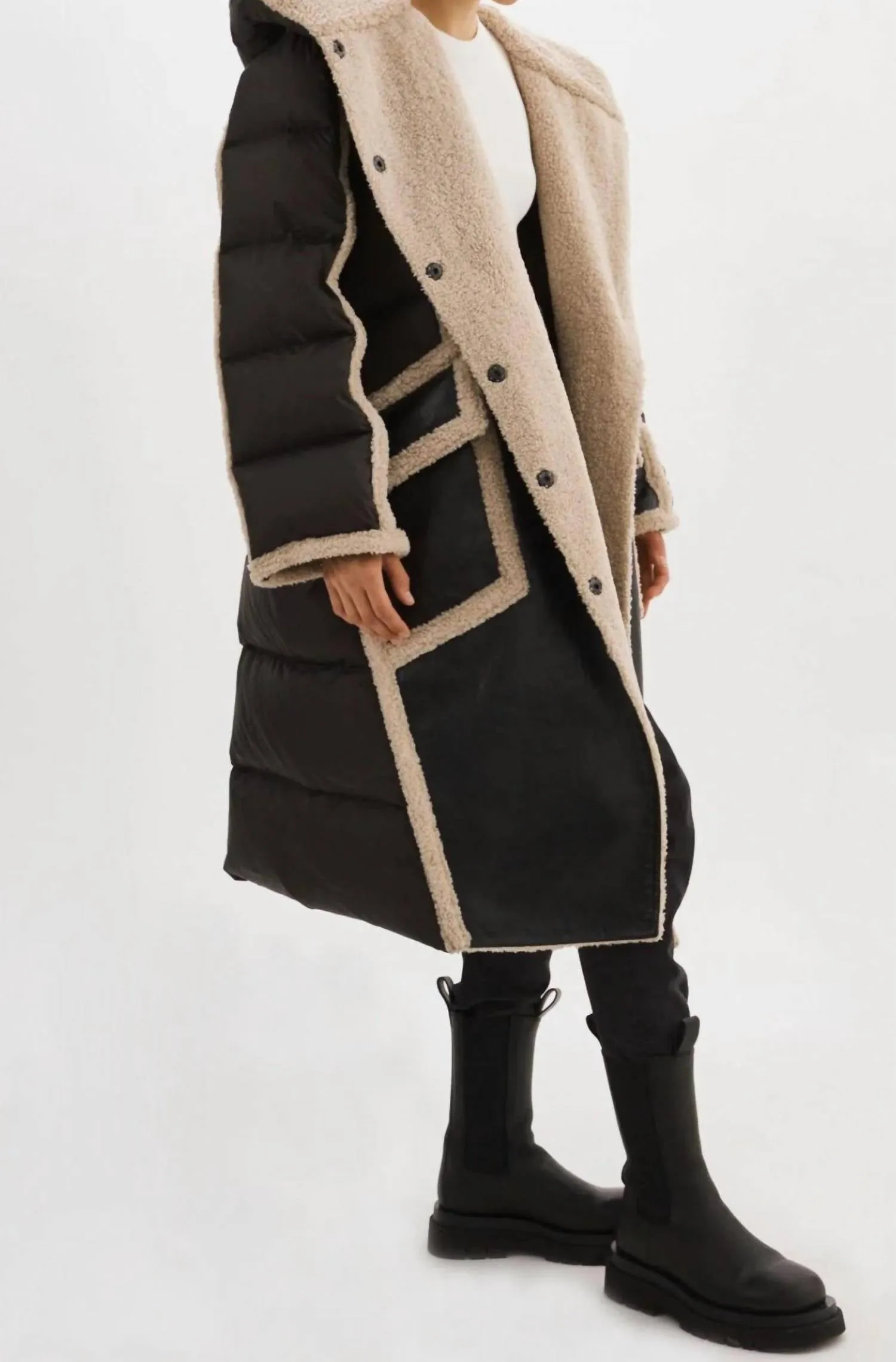 Rexana Mixed Media Leather Puffer Coat In Black/ecru