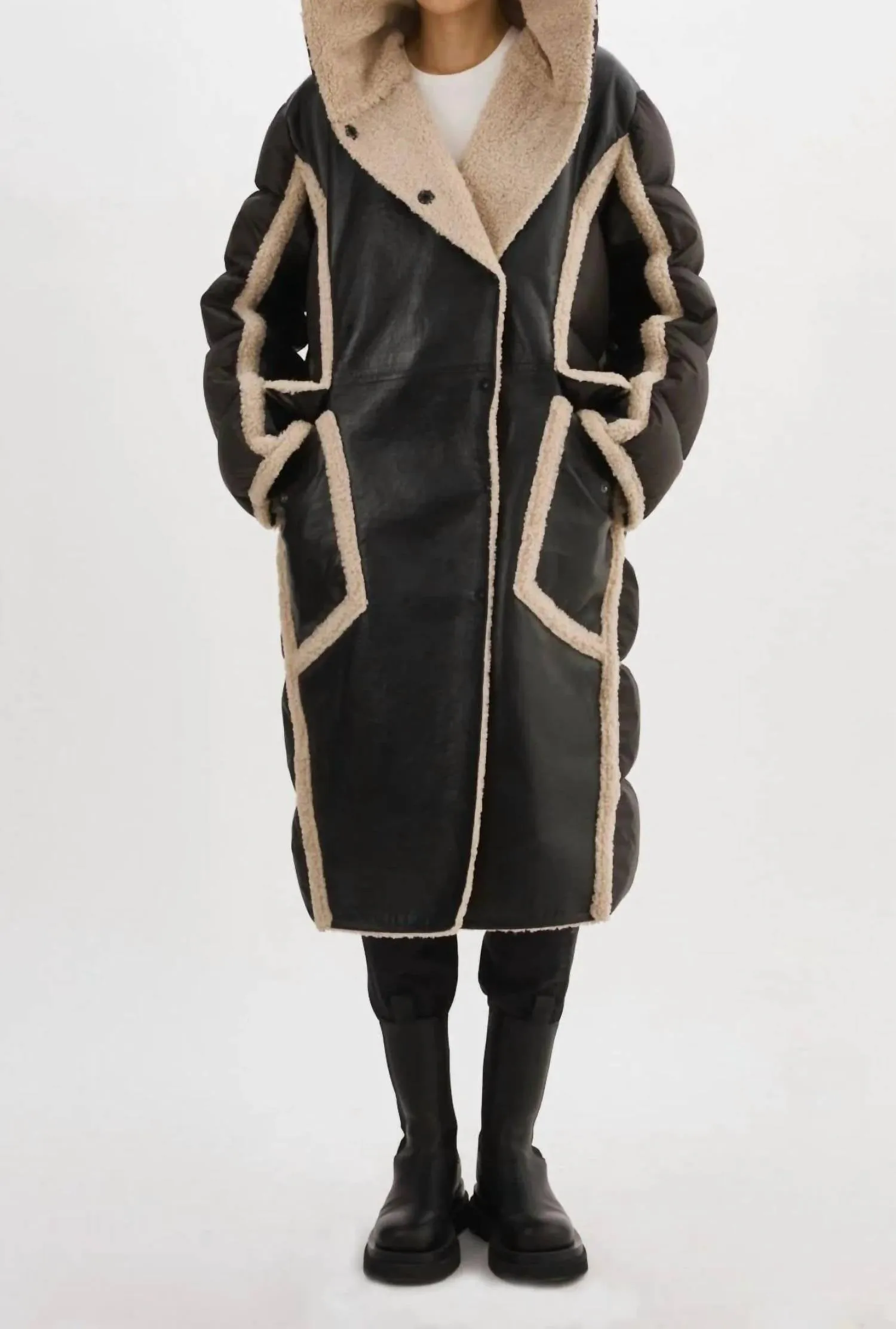 Rexana Mixed Media Leather Puffer Coat In Black/ecru
