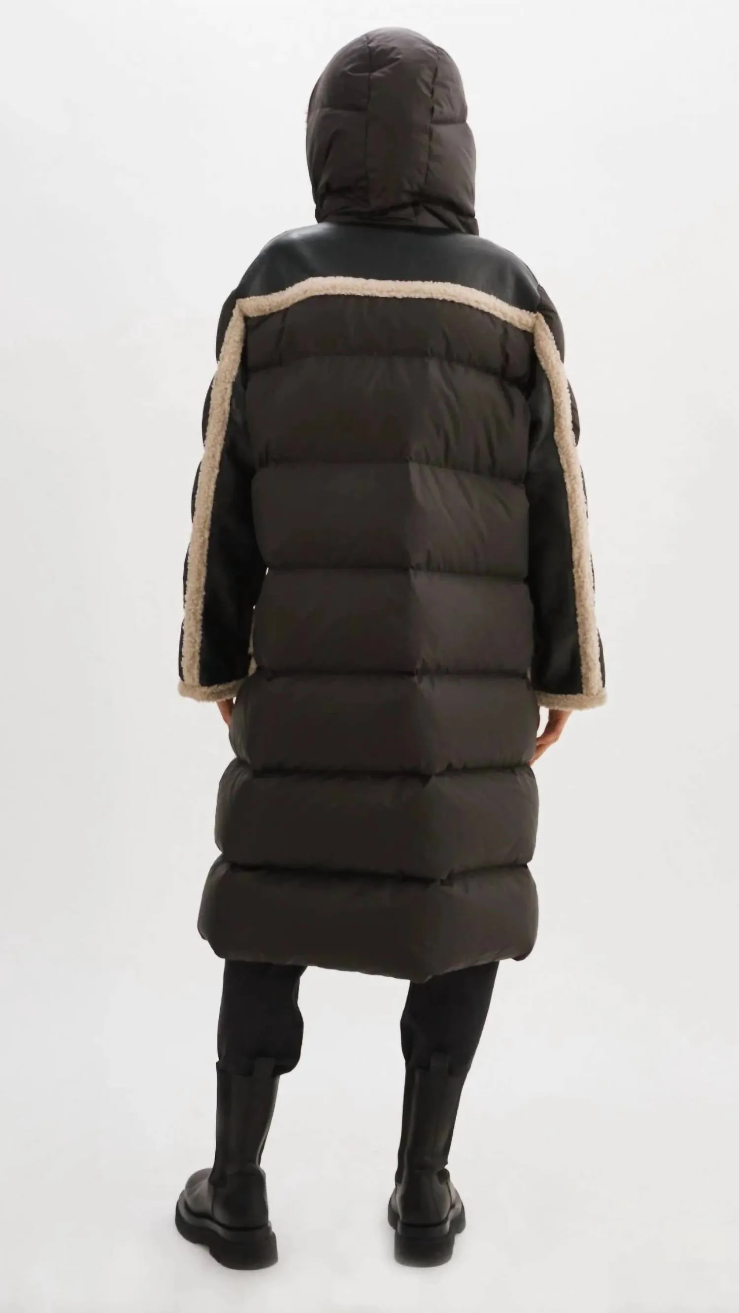Rexana Mixed Media Leather Puffer Coat In Black/ecru
