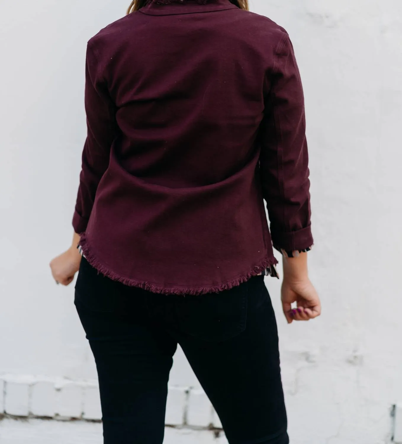 Rolled Long Sleeve Stand Collar Open Front Jacket In Auburn