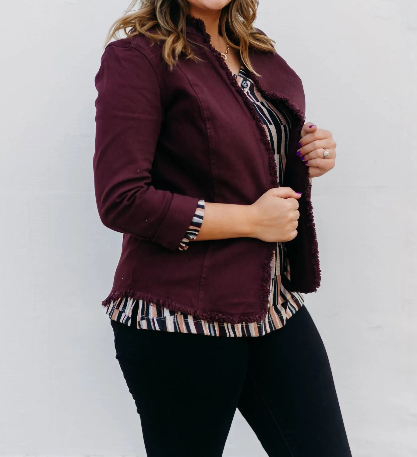 Rolled Long Sleeve Stand Collar Open Front Jacket In Auburn