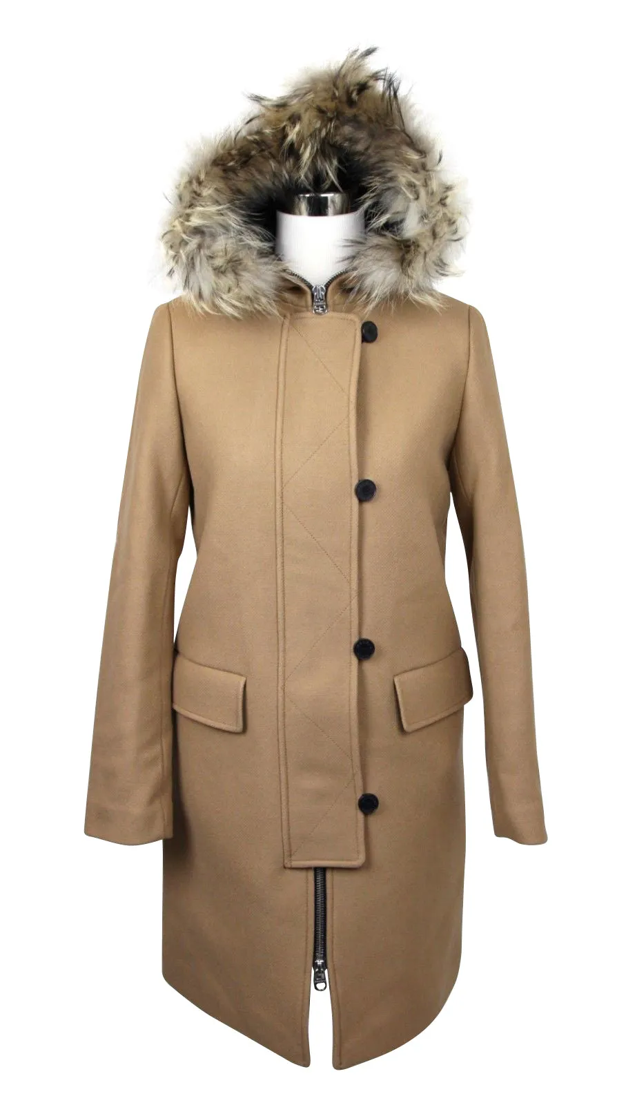 Sandro Women's  Kurt Wool Coat with Fur Trim Hood 4 Buttons