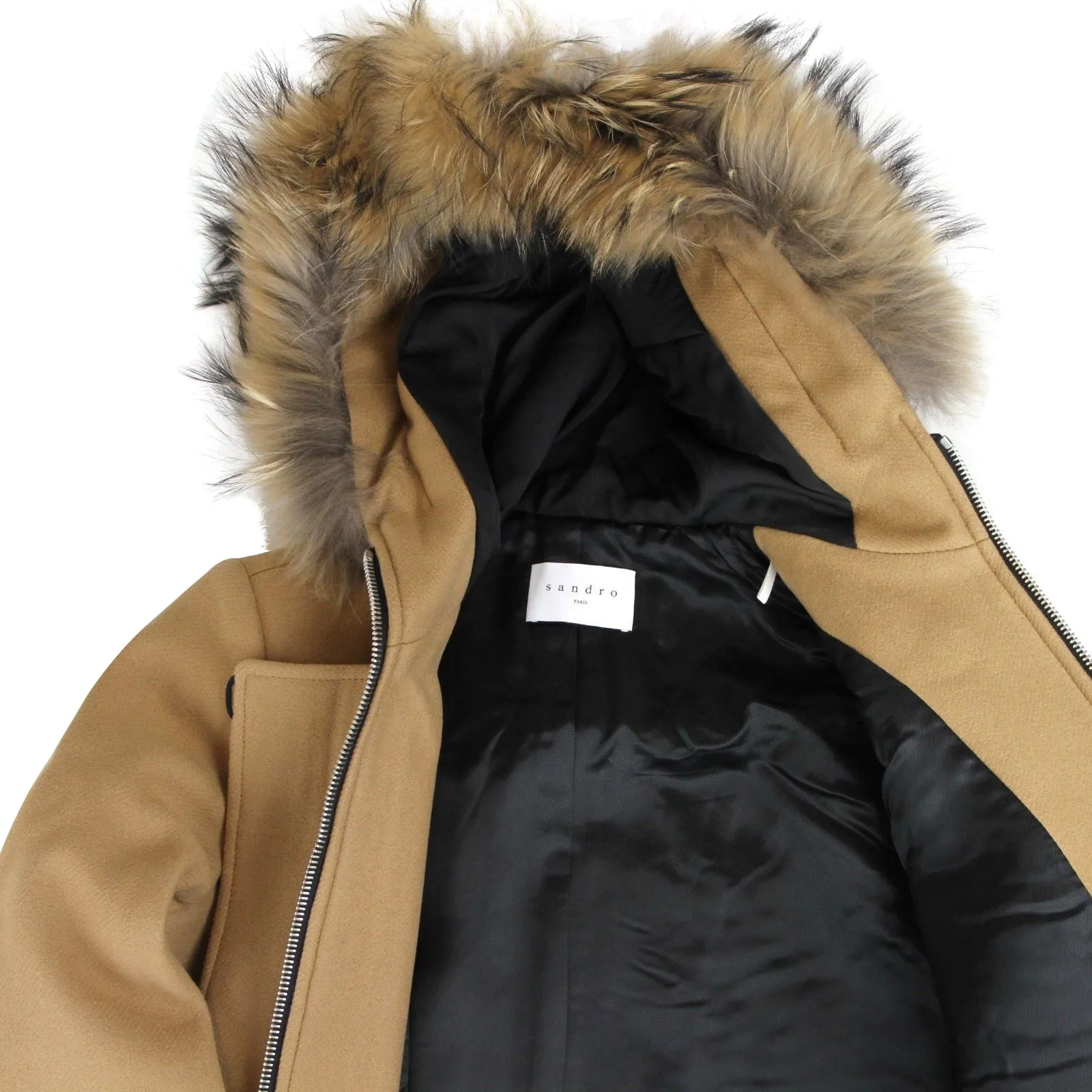 Sandro Women's  Kurt Wool Coat with Fur Trim Hood 4 Buttons
