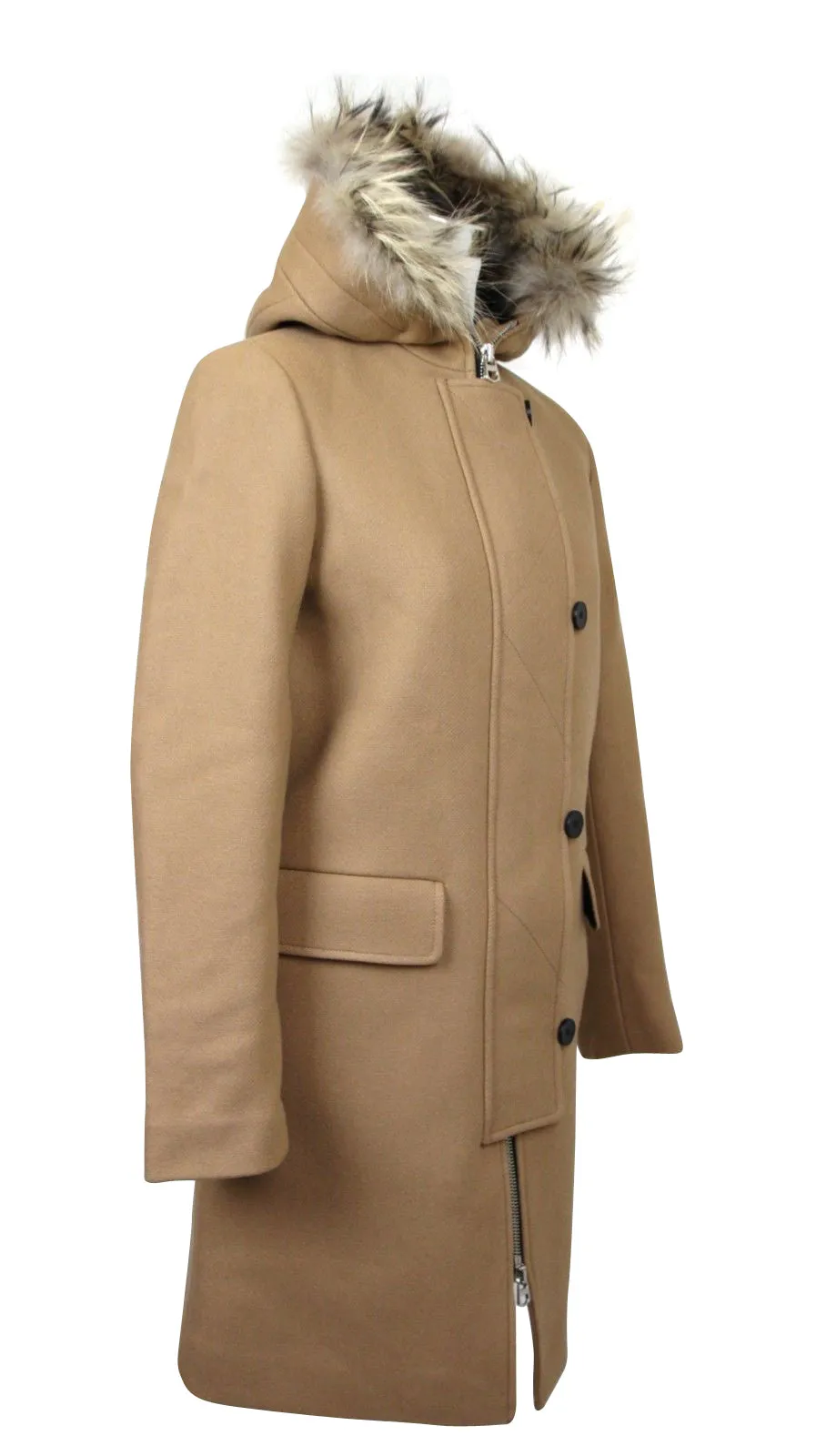 Sandro Women's  Kurt Wool Coat with Fur Trim Hood 4 Buttons
