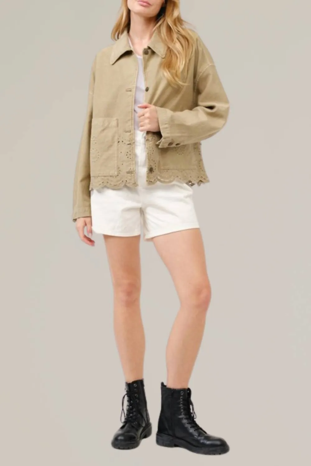 Scalloped Hem Denim Jacket In Olive