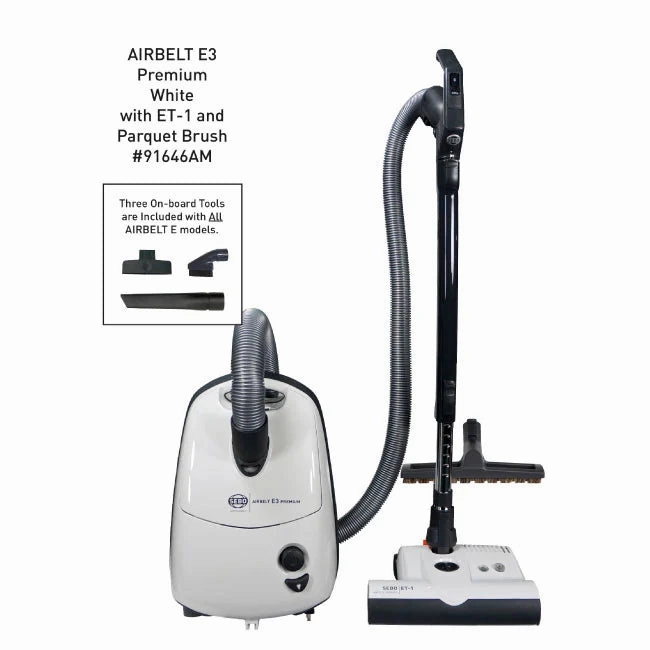 SEBO 91646AM AIRBELT E3 Premium with dual-control handle, ET-1, and parquet brush (White) robot vacuum, handheld vacuum