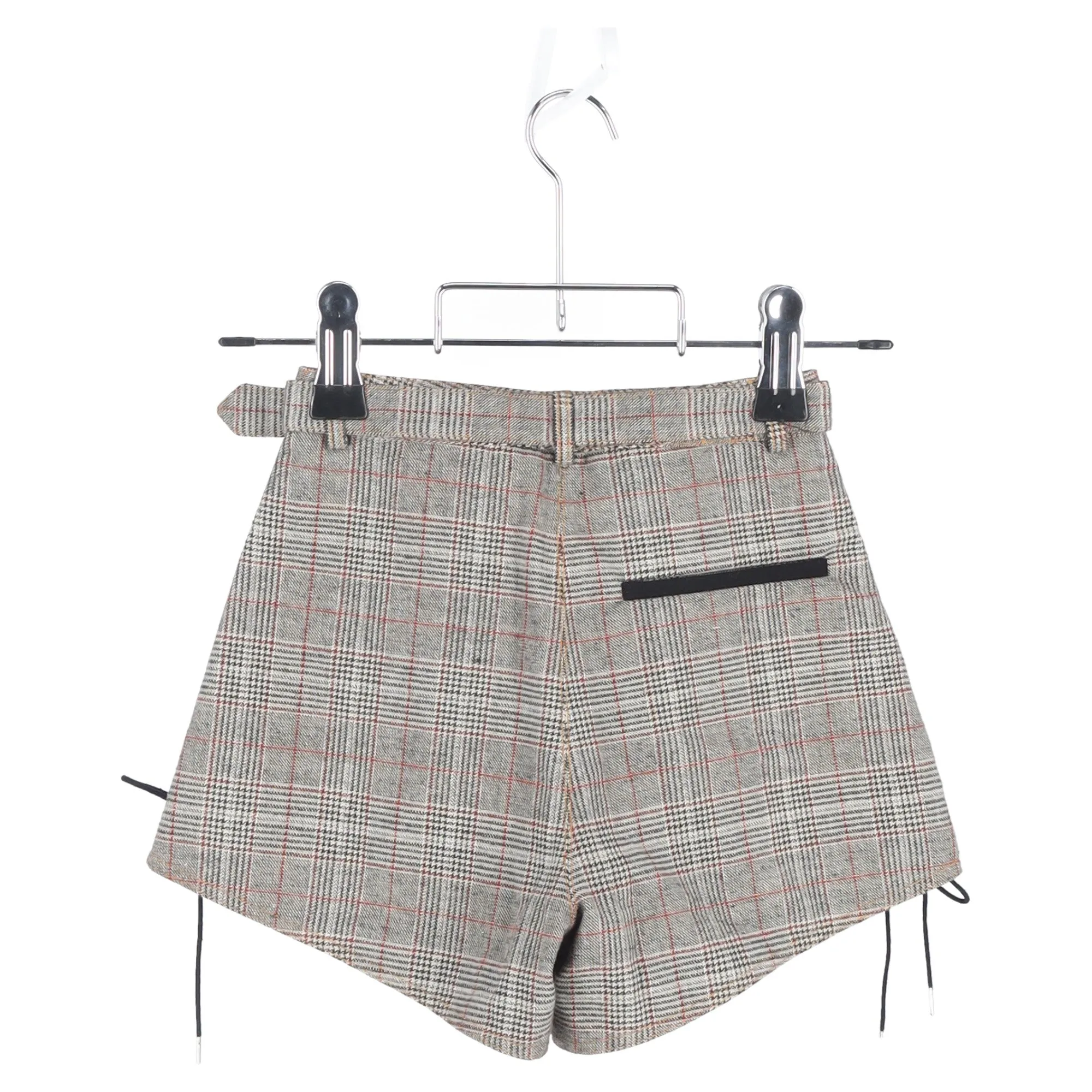 Self-Portrait Plaid Belted Mini Shorts in Grey Wool