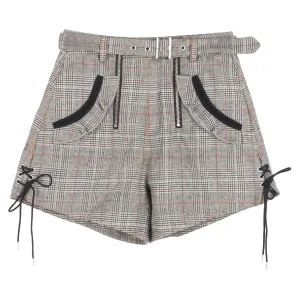 Self-Portrait Plaid Belted Mini Shorts in Grey Wool