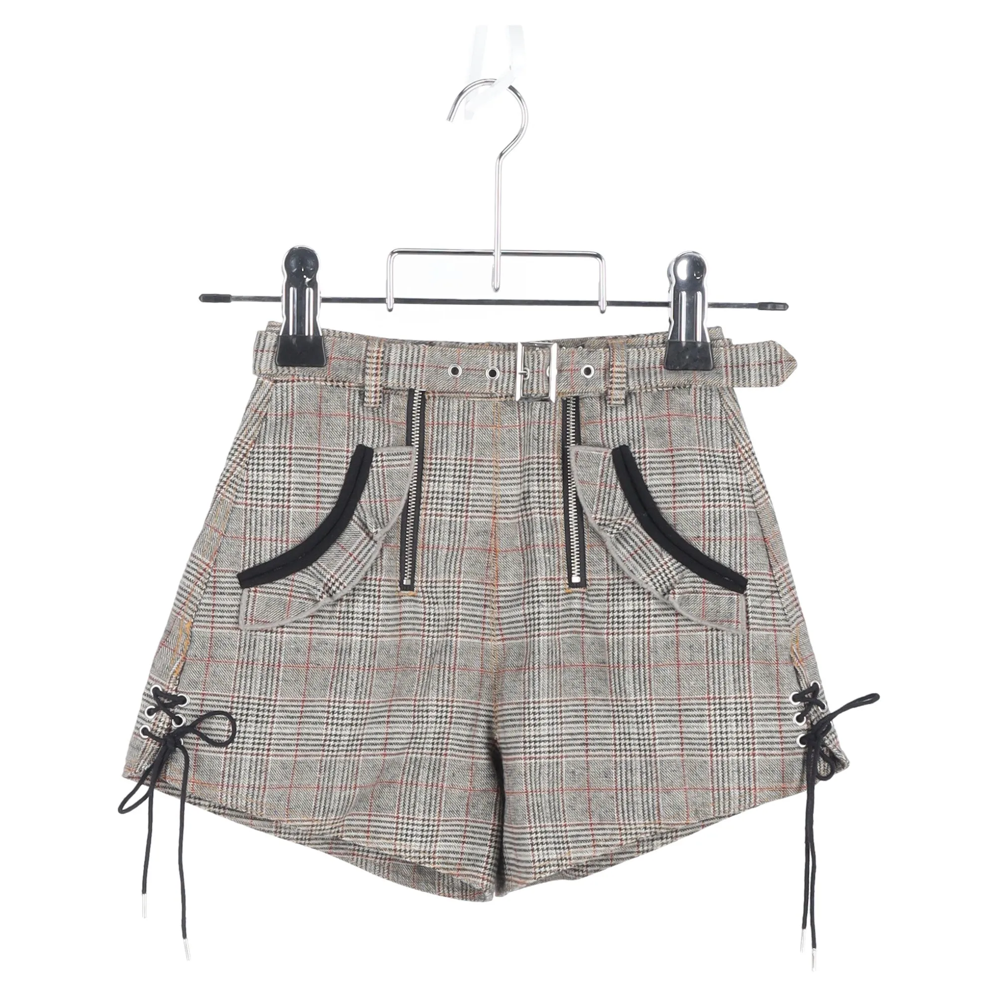 Self-Portrait Plaid Belted Mini Shorts in Grey Wool