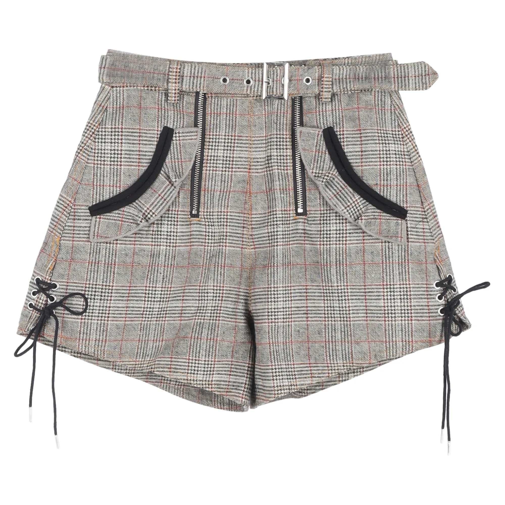 Self-Portrait Plaid Belted Mini Shorts in Grey Wool