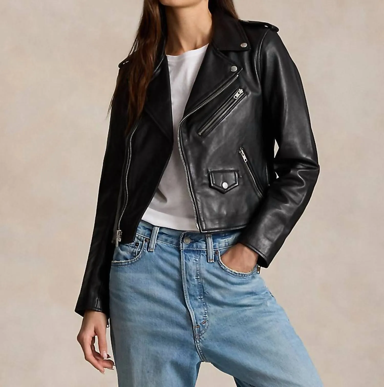 Sheepskin Leather Moto Jacket In Polo Black