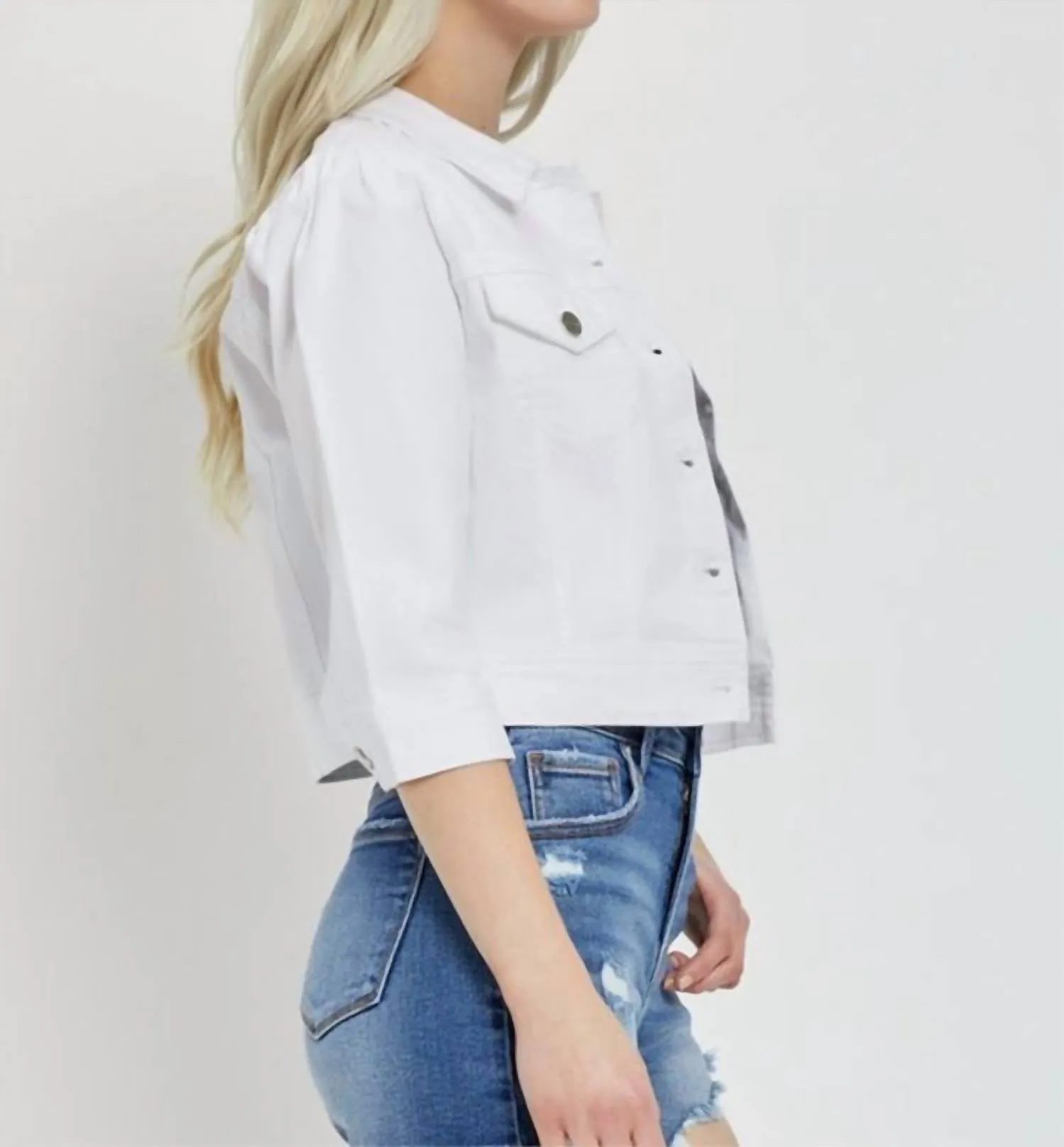 Shirring Sleeve Crop Jacket In White