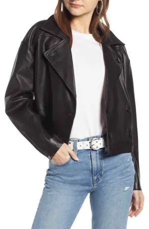 Shrunken Double Breasted Crop Leather Jacket In Black