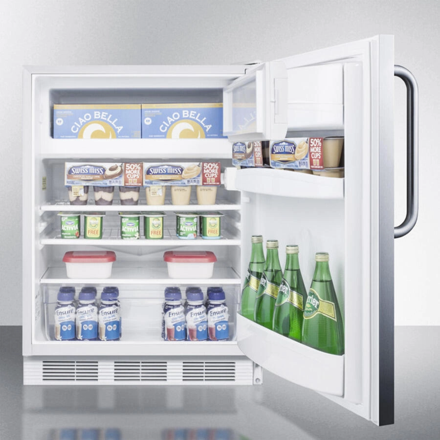 Summit AL650BISSTB Built-In Undercounter Ada Compliant Refrigerator-Freezer For General Purpose Use, W/Dual Evaporator Cooling, Cycle Defrost, Ss Door, Tb Handle, White Cabinet