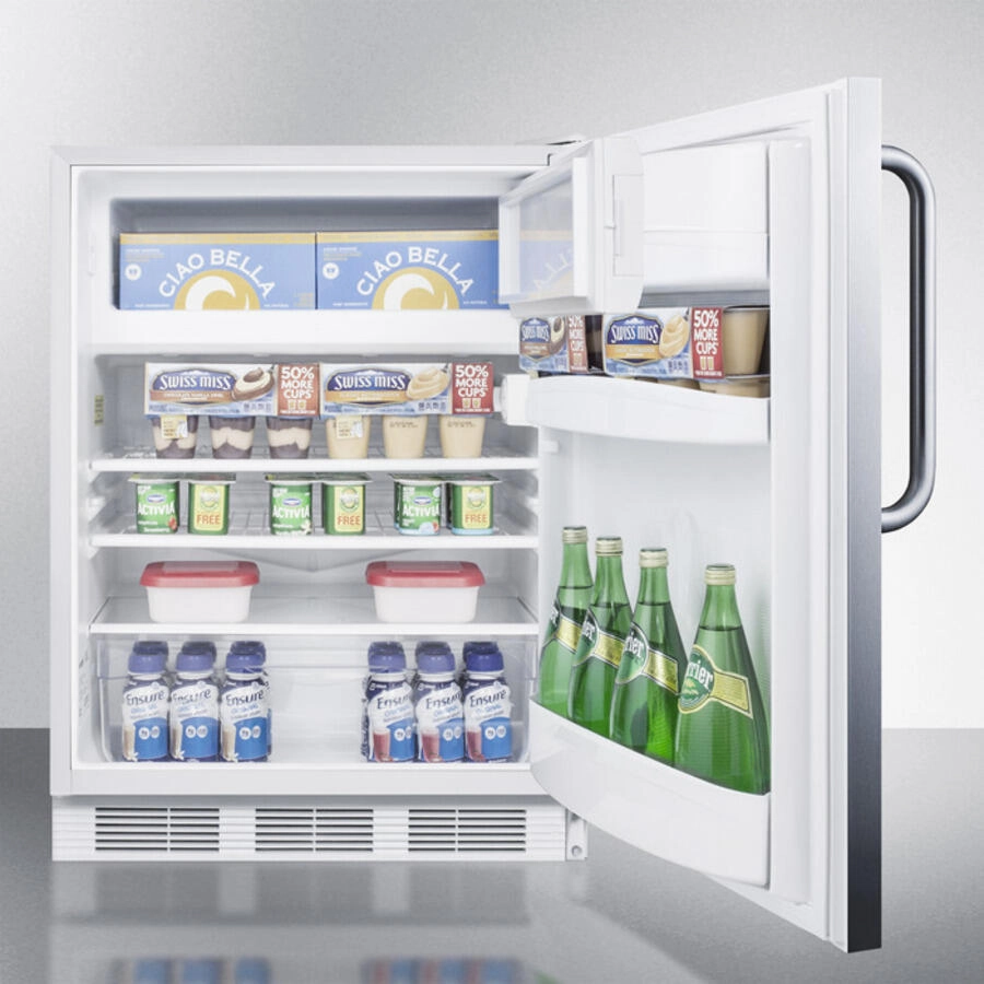 Summit AL650LBISSTB Built-In Undercounter Ada Compliant Refrigerator-Freezer For General Purpose Use, W/Dual Evaporator Cooling, Lock, Ss Door, Tb Handle, White Cabinet