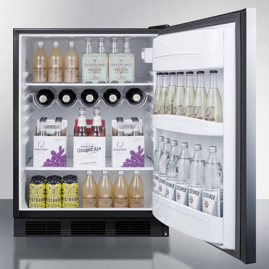 Summit AR5S 24 Inch Wide Ada Compliant Built-In Undercounter All-Refrigerator For Residential Use, Auto Defrost With Stainless Steel Wrapped Door, Horizontally Mounted Towel Bar Handle, And Black Cabinet