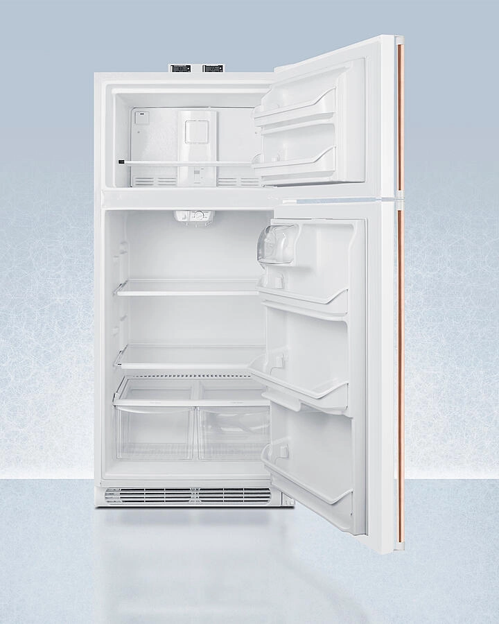 Summit BKRF18WCP 18 Cu.Ft. Break Room Refrigerator-Freezer In White With Pure Copper Handles And Nist Calibrated Alarm/Thermometers