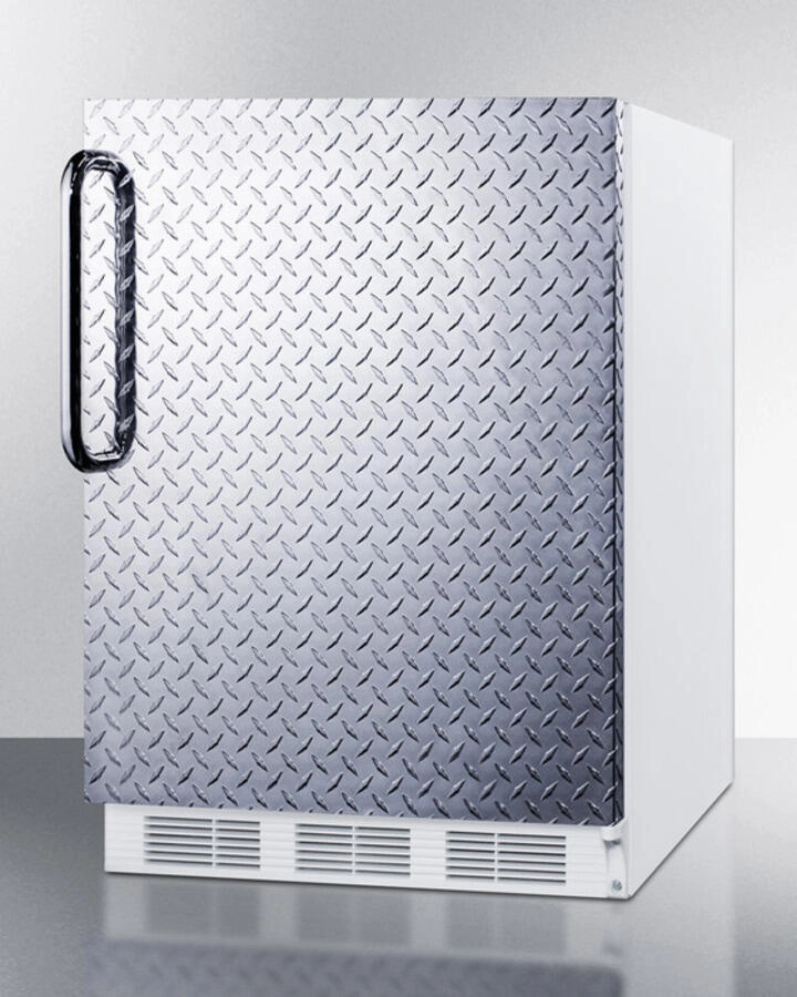 Summit CT661BIDPL Built-In Undercounter Refrigerator-Freezer For Residential Use, Cycle Defrost With A Diamond Plate Wrapped Door, Towel Bar Handle, And White Cabinet