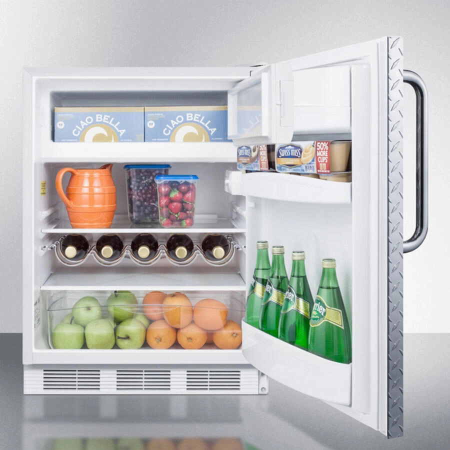 Summit CT661BIDPL Built-In Undercounter Refrigerator-Freezer For Residential Use, Cycle Defrost With A Diamond Plate Wrapped Door, Towel Bar Handle, And White Cabinet