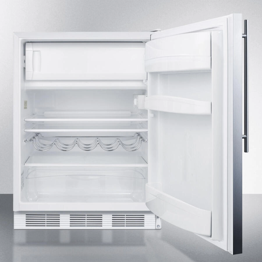 Summit CT661BISSHV Built-In Undercounter Refrigerator-Freezer For Residential Use, Cycle Defrost W/Deluxe Interior, Stainless Steel Wrapped Door, Thin Handle, And White Cabinet