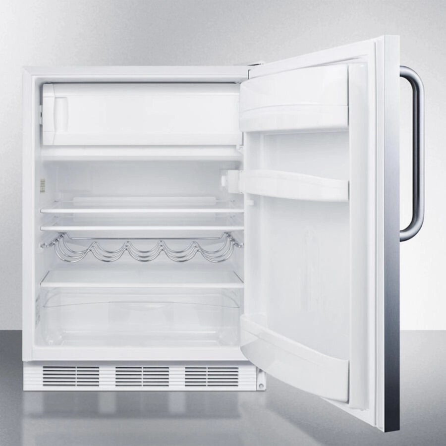 Summit CT661BISSTB Built-In Undercounter Refrigerator-Freezer For Residential Use, Cycle Defrost With A Stainless Steel Wrapped Door, Towel Bar Handle, And White Cabinet