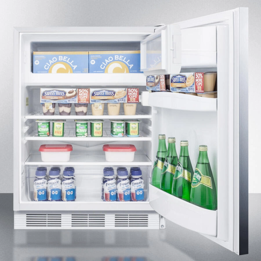 Summit CT661SSHH Freestanding Counter Height Refrigerator-Freezer For Residential Use, Cycle Defrost With A Stainless Steel Wrapped Door, Towel Bar Handle, And White Cabinet