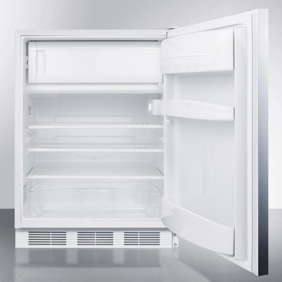 Summit CT661SSHH Freestanding Counter Height Refrigerator-Freezer For Residential Use, Cycle Defrost With A Stainless Steel Wrapped Door, Towel Bar Handle, And White Cabinet