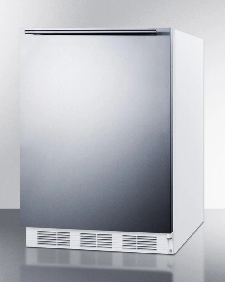 Summit CT661SSHH Freestanding Counter Height Refrigerator-Freezer For Residential Use, Cycle Defrost With A Stainless Steel Wrapped Door, Towel Bar Handle, And White Cabinet