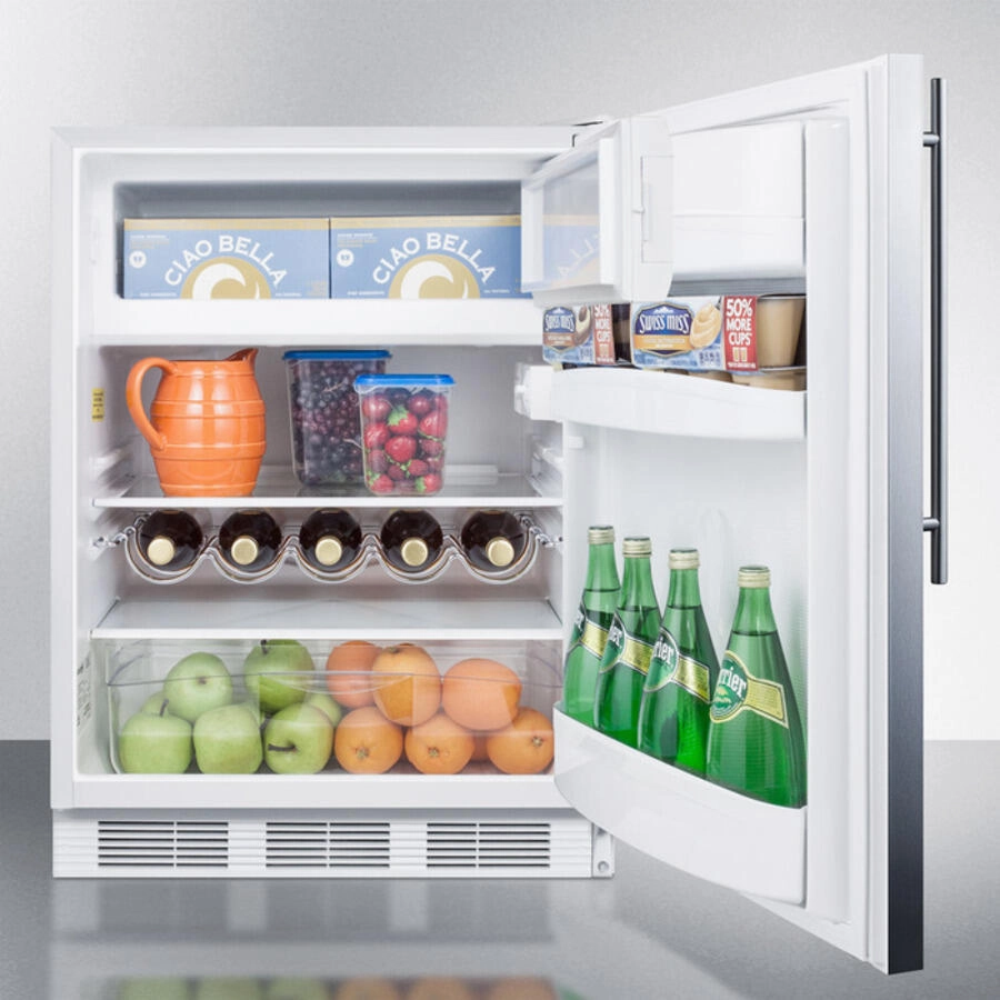 Summit CT661SSHVADA Ada Compliant Freestanding Refrigerator-Freezer For Residential Use, Cycle Defrost With Deluxe Interior, Ss Wrapped Door, Thin Handle, And White Cabinet