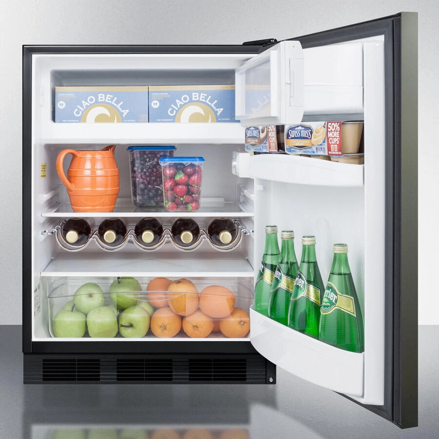 Summit CT663BBIKSHH Built-In Undercounter Refrigerator-Freezer For Residential Use, Cycle Defrost With Black Stainless Steel Wrapped Door, Horizontal Handle, And Black Cabinet