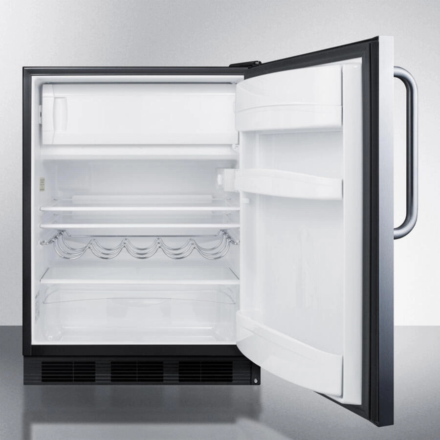 Summit CT663BBISSTB Built-In Undercounter Refrigerator-Freezer For Residential Use, Cycle Defrost With A Stainless Steel Wrapped Door, Towel Bar Handle, And Black Cabinet