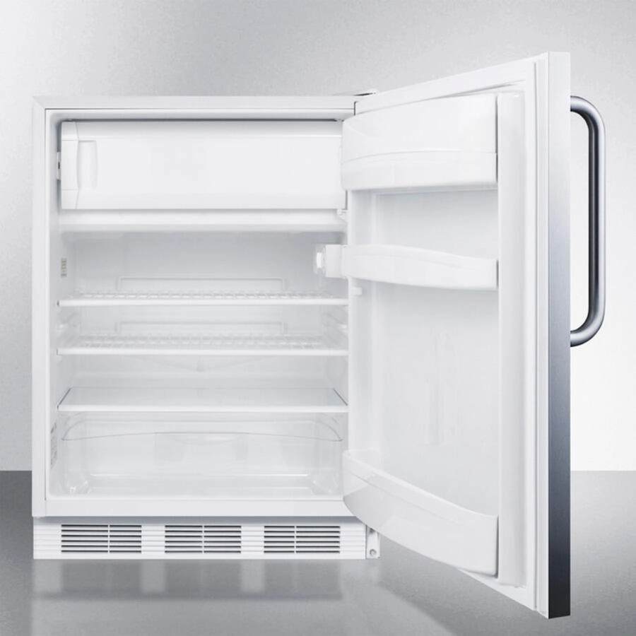 Summit CT66JBISSTB Built-In Undercounter Refrigerator-Freezer For General Purpose Use, With Dual Evaporator Cooling, Cycle Defrost, Ss Door, Towel Bar Handle And White Cabinet