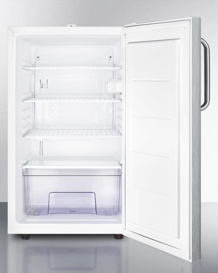 Summit FF511L7SSTB Commercially Listed 20" Wide Counter Height All-Refrigerator, Auto Defrost With A Lock, Stainless Steel Door, Towel Bar Handle, And White Cabinet