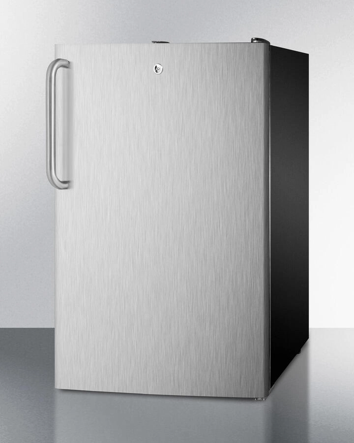 Summit FF521BL7SSTB Commercially Listed 20" Wide Counter Height All-Refrigerator, Auto Defrost With A Lock, Stainless Steel Door, Towel Bar Handle, And Black Cabinet