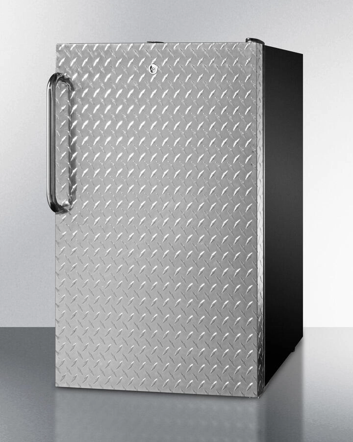 Summit FF521BLBI7DPLADA Commercially Listed Ada Compliant 20" Wide Built-In Undercounter All-Refrigerator, Auto Defrost With A Lock, Diamond Plate Wrapped Door And Black Cabinet