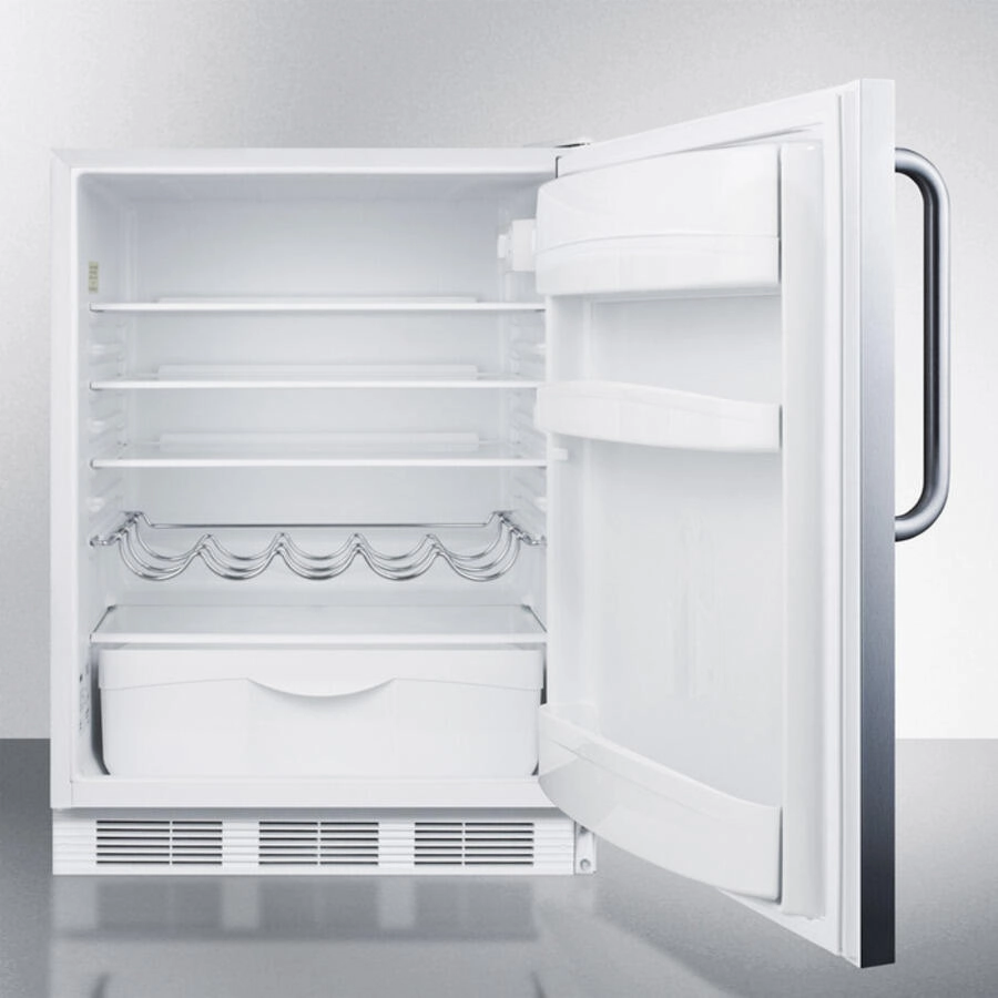 Summit FF61SSTBADA Ada Compliant Freestanding All-Refrigerator For Residential Use, Auto Defrost With White Cabinet, Stainless Steel Wrapped Door, And Towel Bar Handle